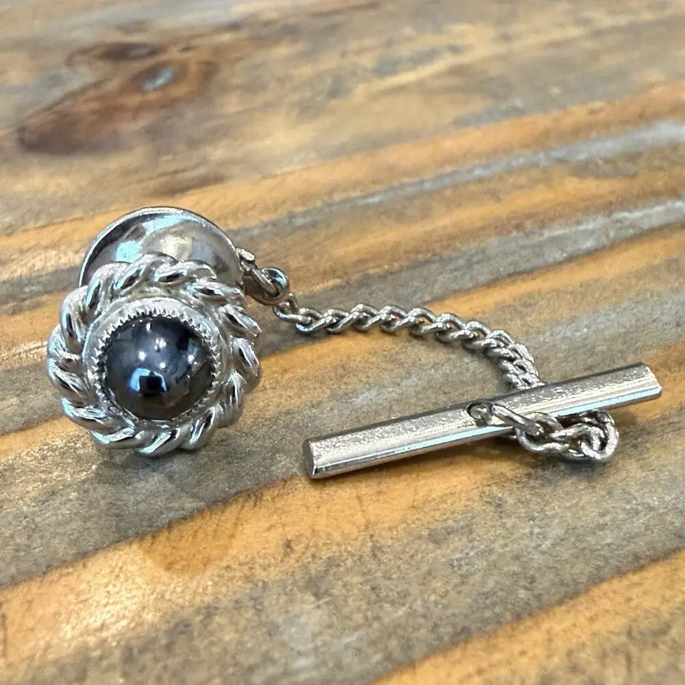 Vintage Silver Tone Faux Hematite Bullet Tie Tack with Chain and T-Bar Pin